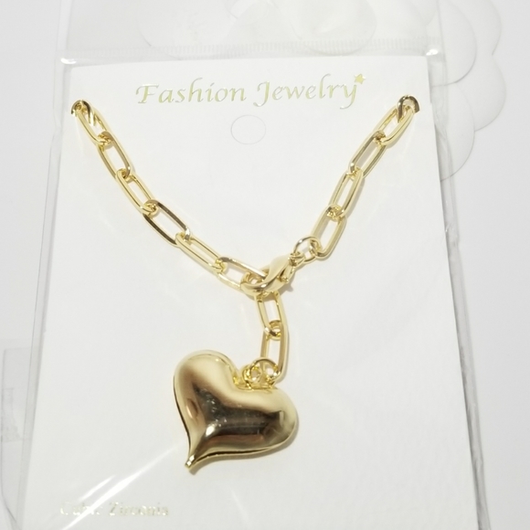 Gold Puff Heart Paperclip Choker Necklace Chain - Picture 9 of 10